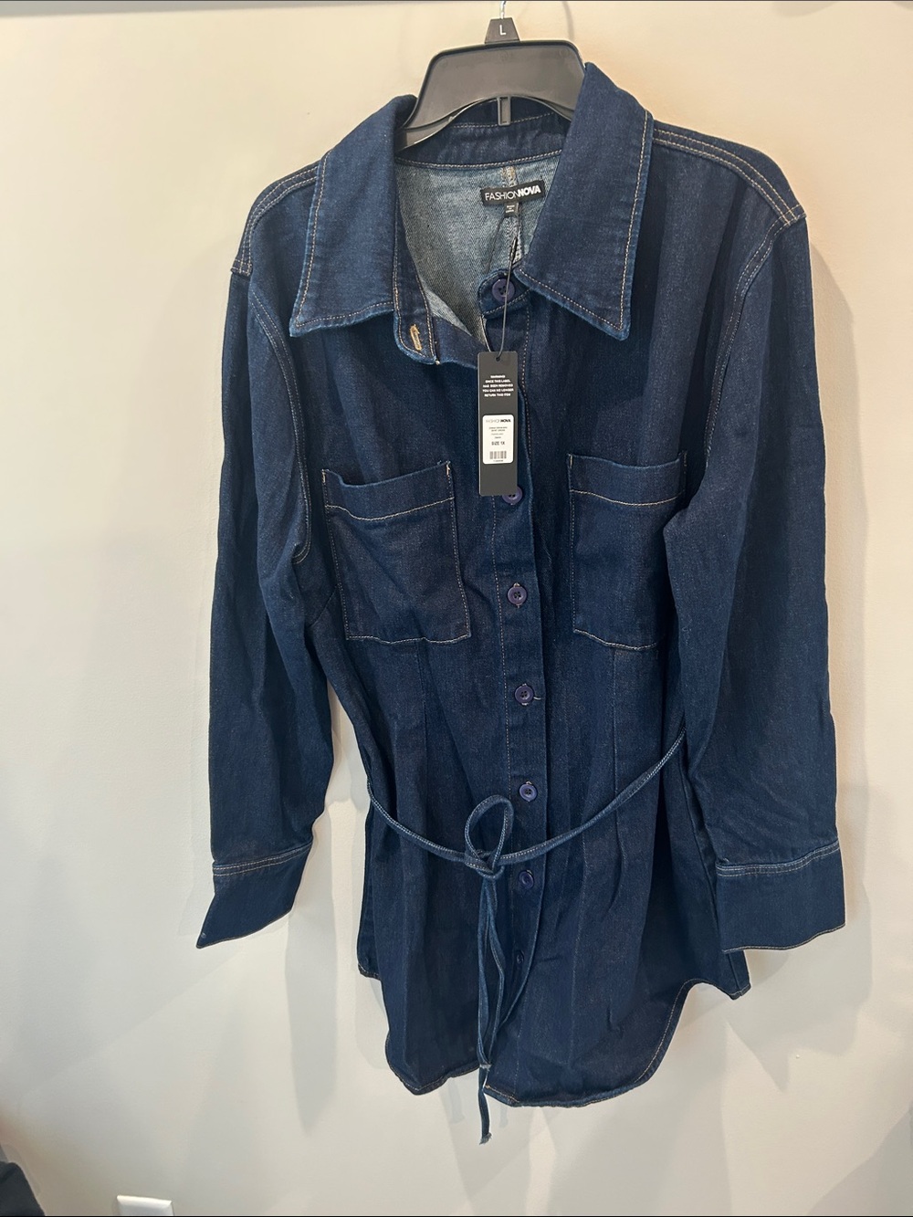 Fashion Nova Dark Indigo Tie-Waist Denim Shirt Jacket